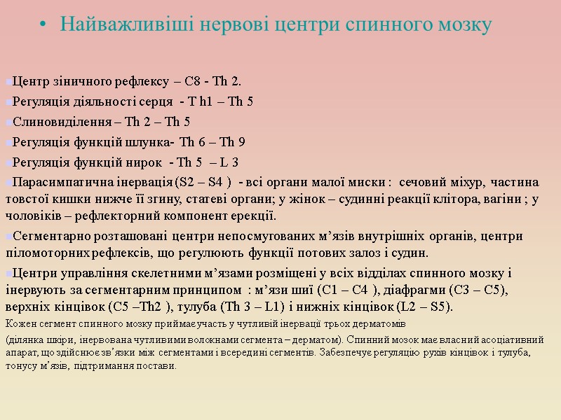 Найважливіші нервові центри спинного мозку Центр зіничного рефлексу – С8 - Тh 2. Регуляція